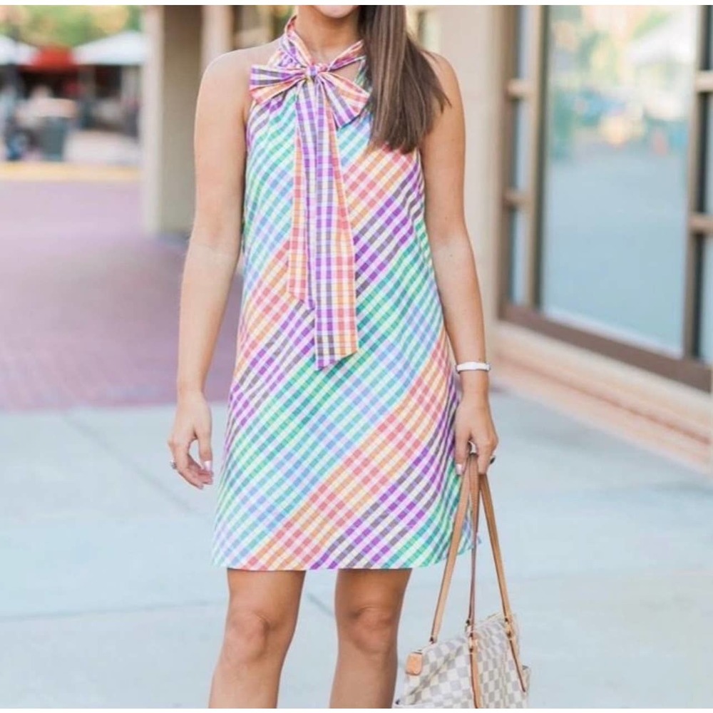 J. Crew Pastel Plaid Bow Neck Sleeveless Shift Dress